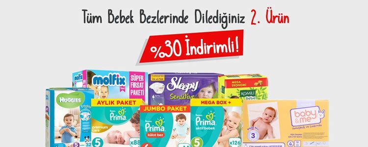 Tüm Bebek Bezlerinde İkinci Ürüne %30 İndirim