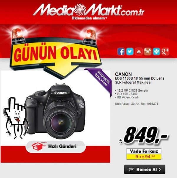 Canon EOS 1100D Fotoğraf Makinesi 849 TL